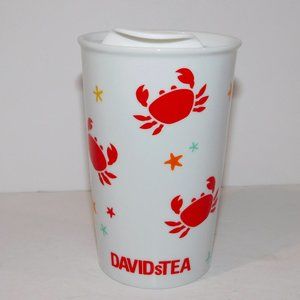 David's Tea Red Crabs Starfish White Ceramic Travel On the Go Tumbler Mug w Lid